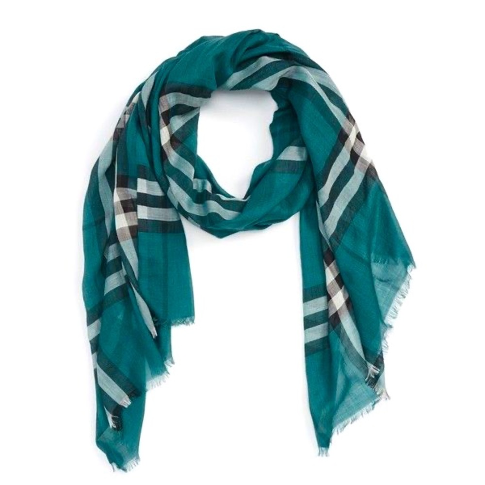 RARE Burberry - Giant Check Gauze Scarf Aqua